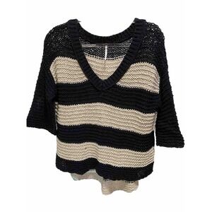 Free People Open Knit Black Tan 1/2 Flare Sleeve Oversized‎ Sweater Size Small